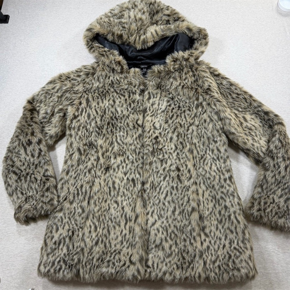 ASOS Coat Womens Size 2 Gray Black Speckled Faux Fur Hooded Mid-Length Lined‎